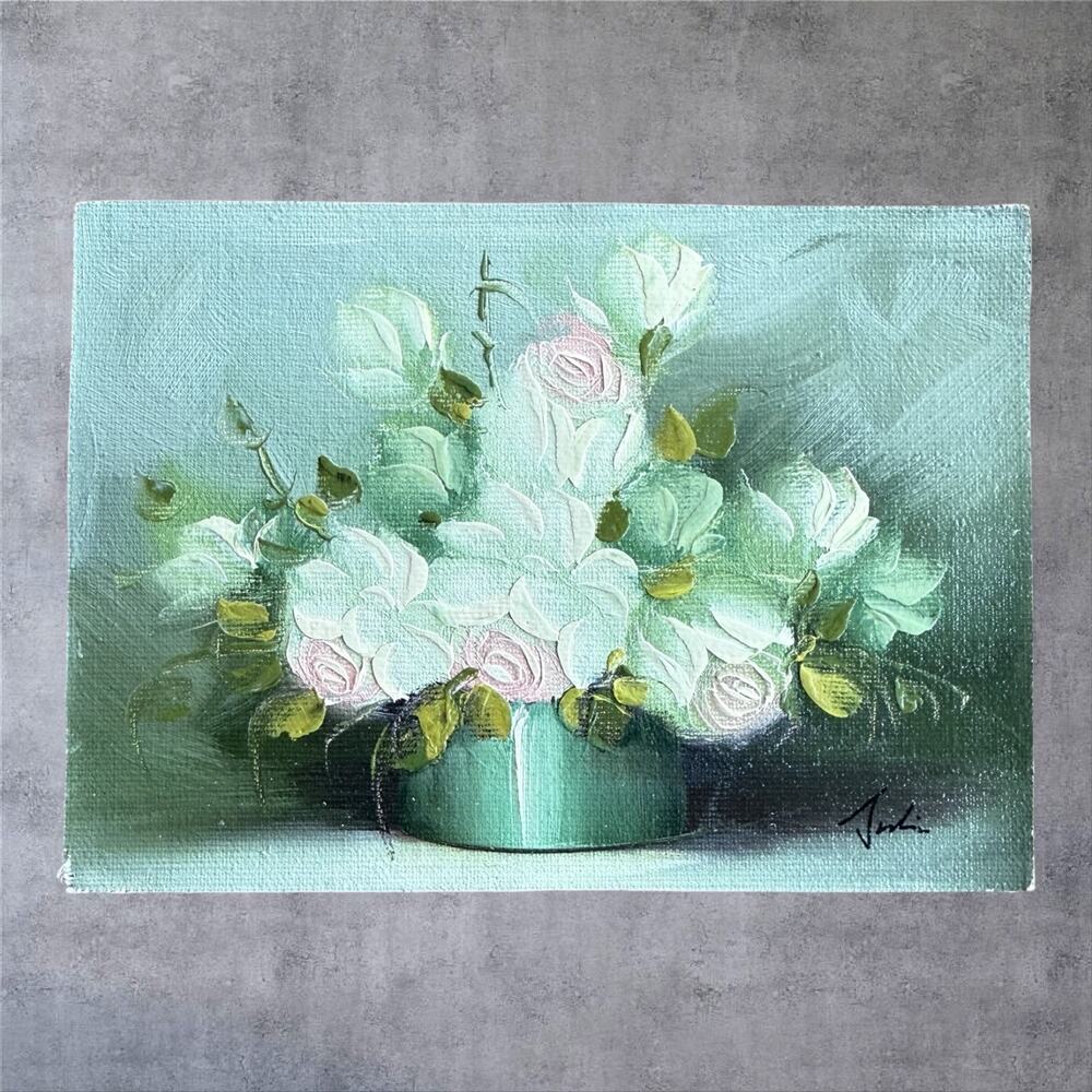 Vtg Original Oil Painting Signed Floral Still Life White Roses MCM Impasto 60s